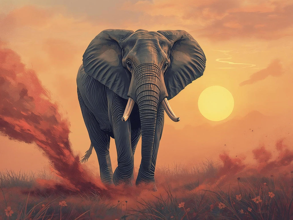 Elephant walking through a field with a warm sunset sky