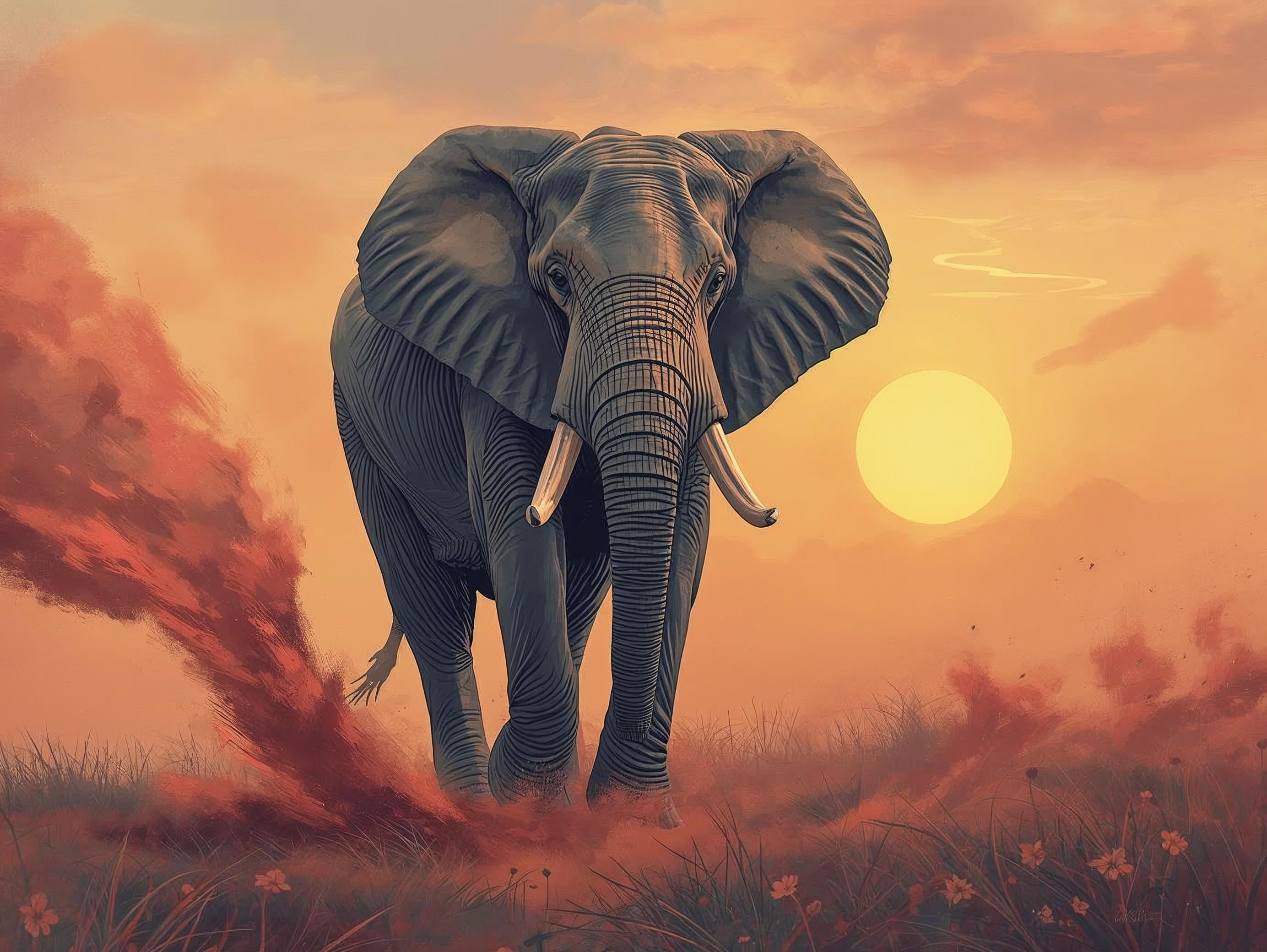 Elephant walking through a field with a warm sunset sky