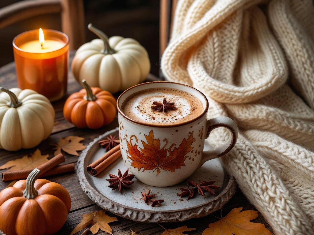 Cup of hot chocolate with autumn leaves, surrounded by pumpkins, candles, and a blanket on a wooden table.