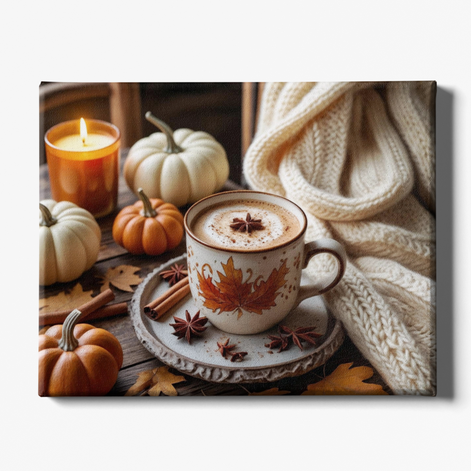 Cozy autumn scene with a cup of hot chocolate, pumpkins, and a candle on a wooden table.