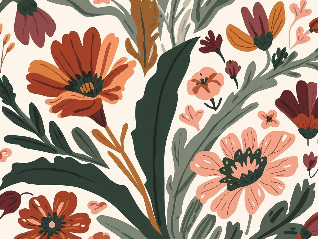 Floral pattern with various flowers and leaves on a beige background
