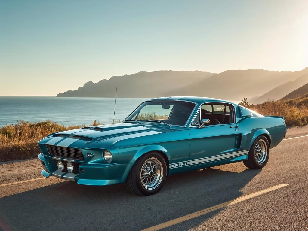 Blue classic muscle car on a road with a scenic background