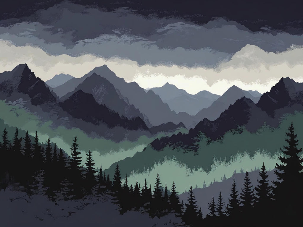 Mountain landscape with trees and a gradient sky