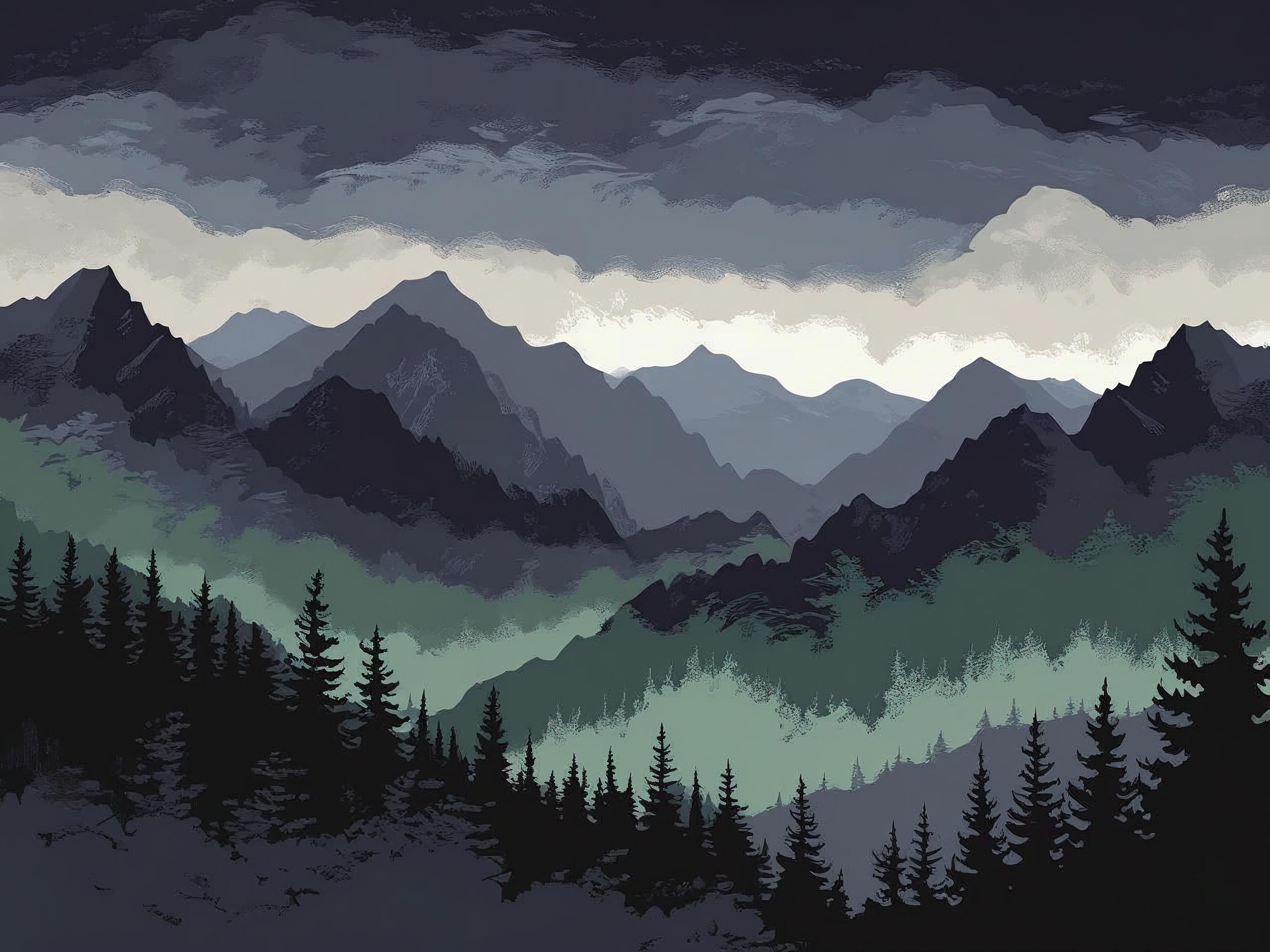 Mountain landscape with trees and a gradient sky