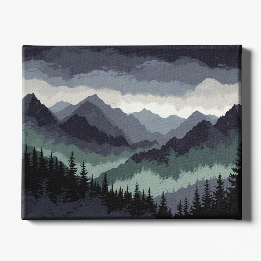 Canvas print of a mountain landscape with trees and a gradient sky.