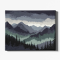 Canvas print of a mountain landscape with trees and a gradient sky.