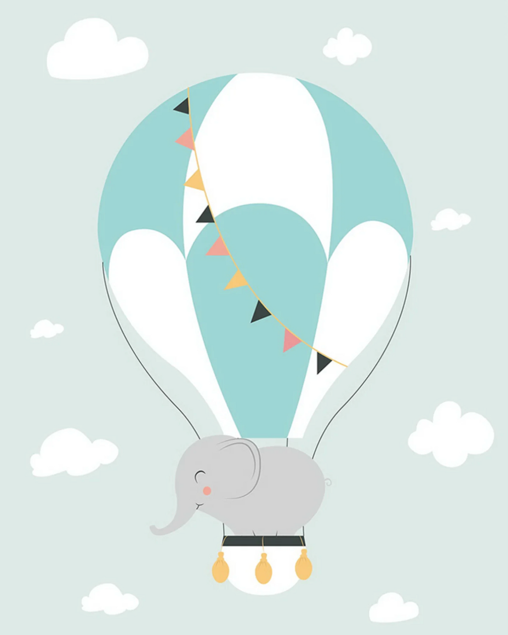 Illustration of an elephant in a hot air balloon with colorful flags against a light blue sky with white clouds.