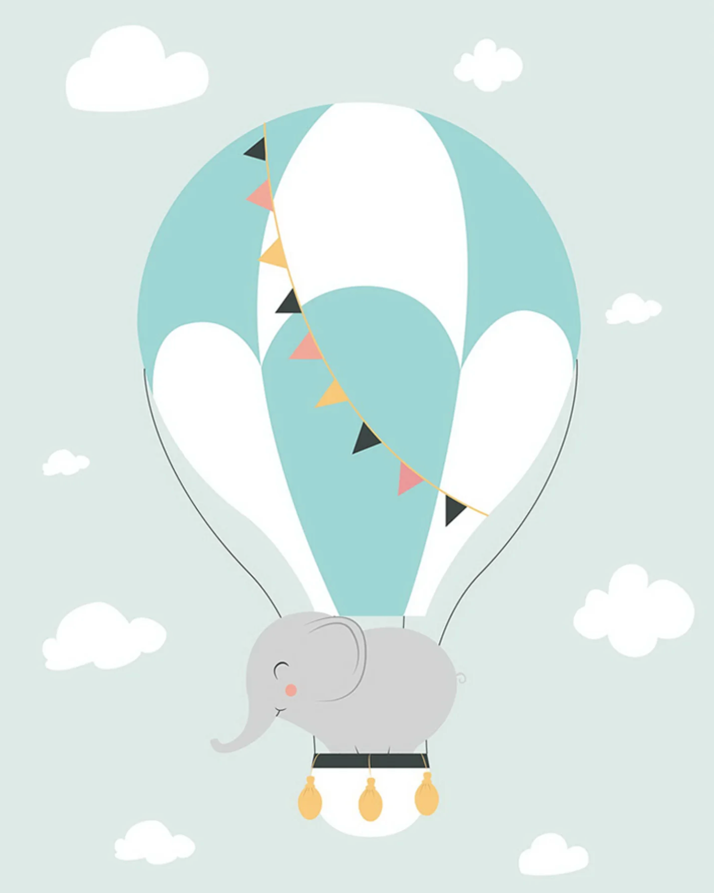 Illustration of an elephant in a hot air balloon with colorful flags against a light blue sky with white clouds.