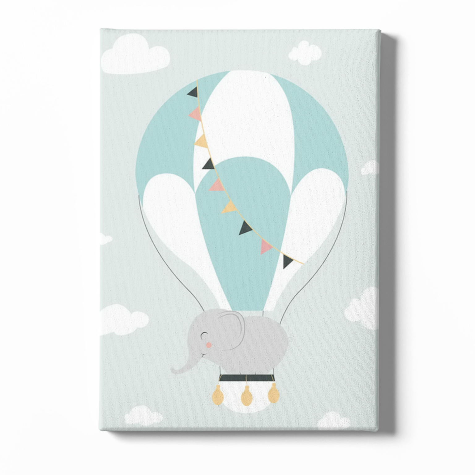Canvas print with a cartoon elephant in a hot air balloon on a light blue background with white clouds.