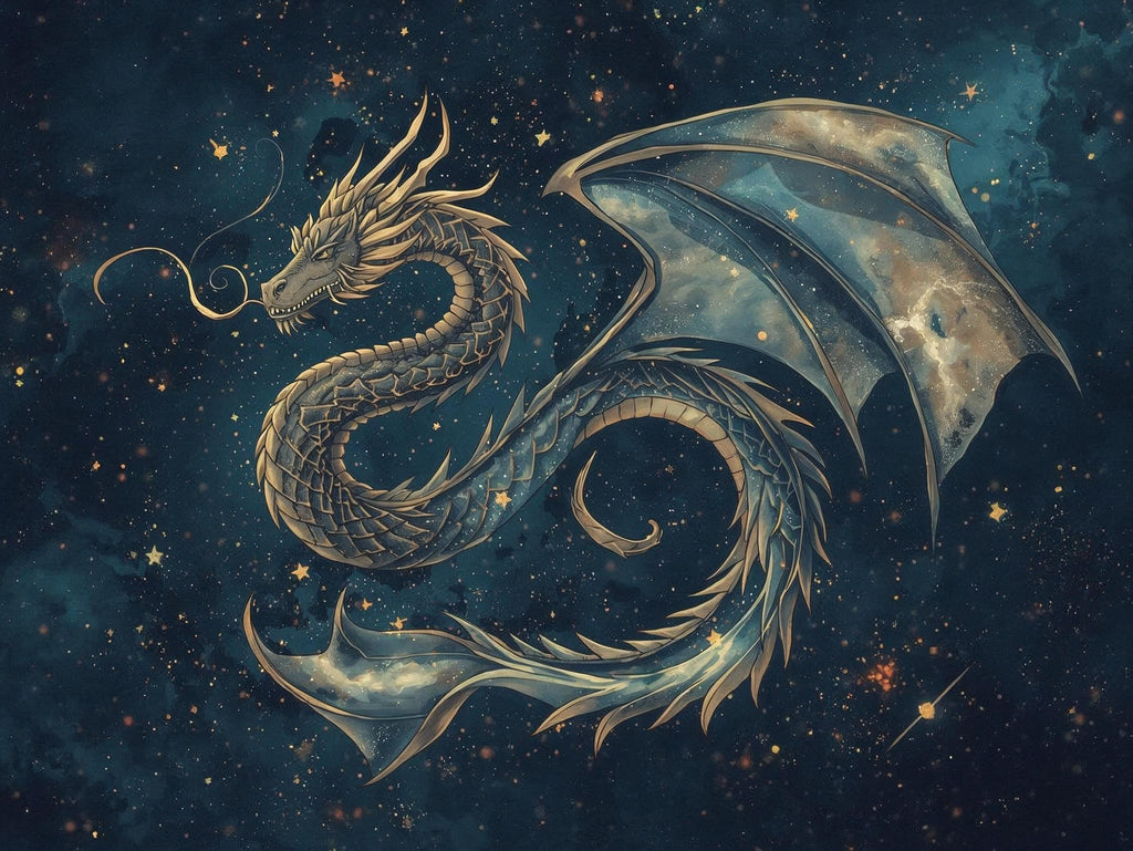 Dragon illustration against a starry night sky