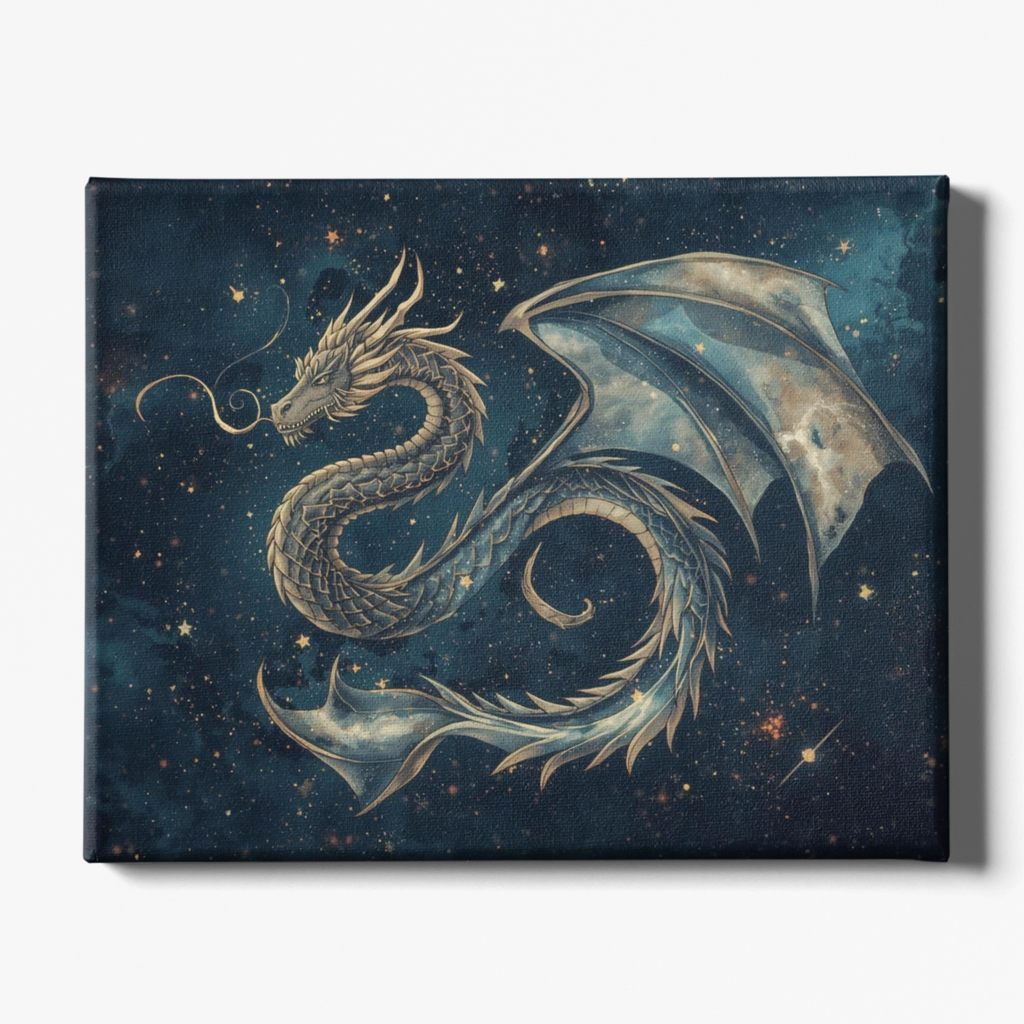 Canvas print with a dragon design on a starry night sky background