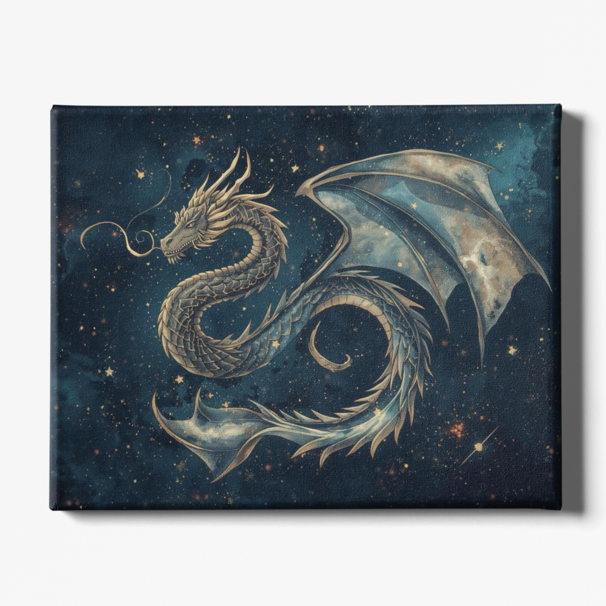 Canvas print with a dragon design on a starry night sky background