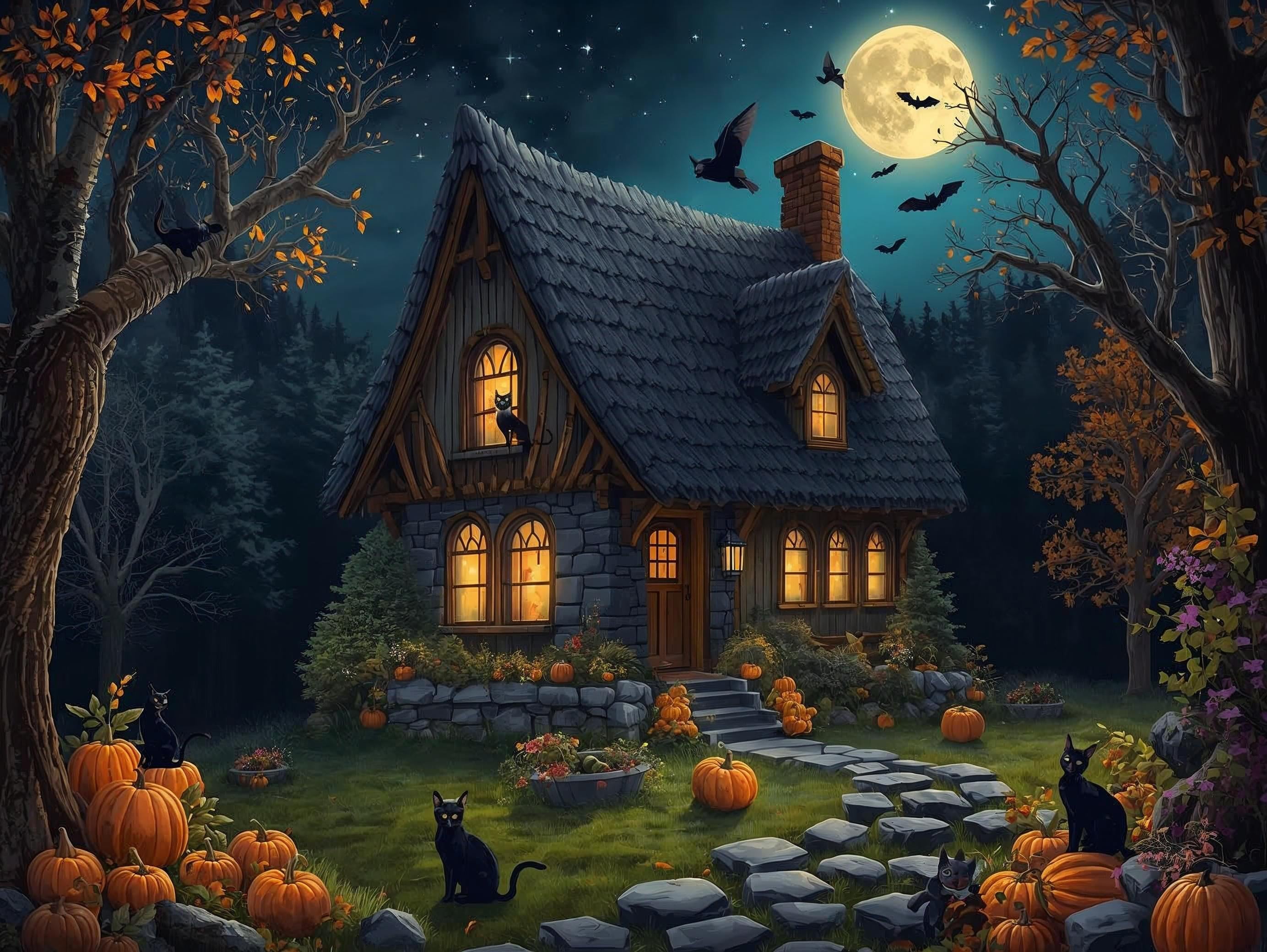 Spooky Halloween scene with a haunted house, pumpkins, and cats under a full moon.