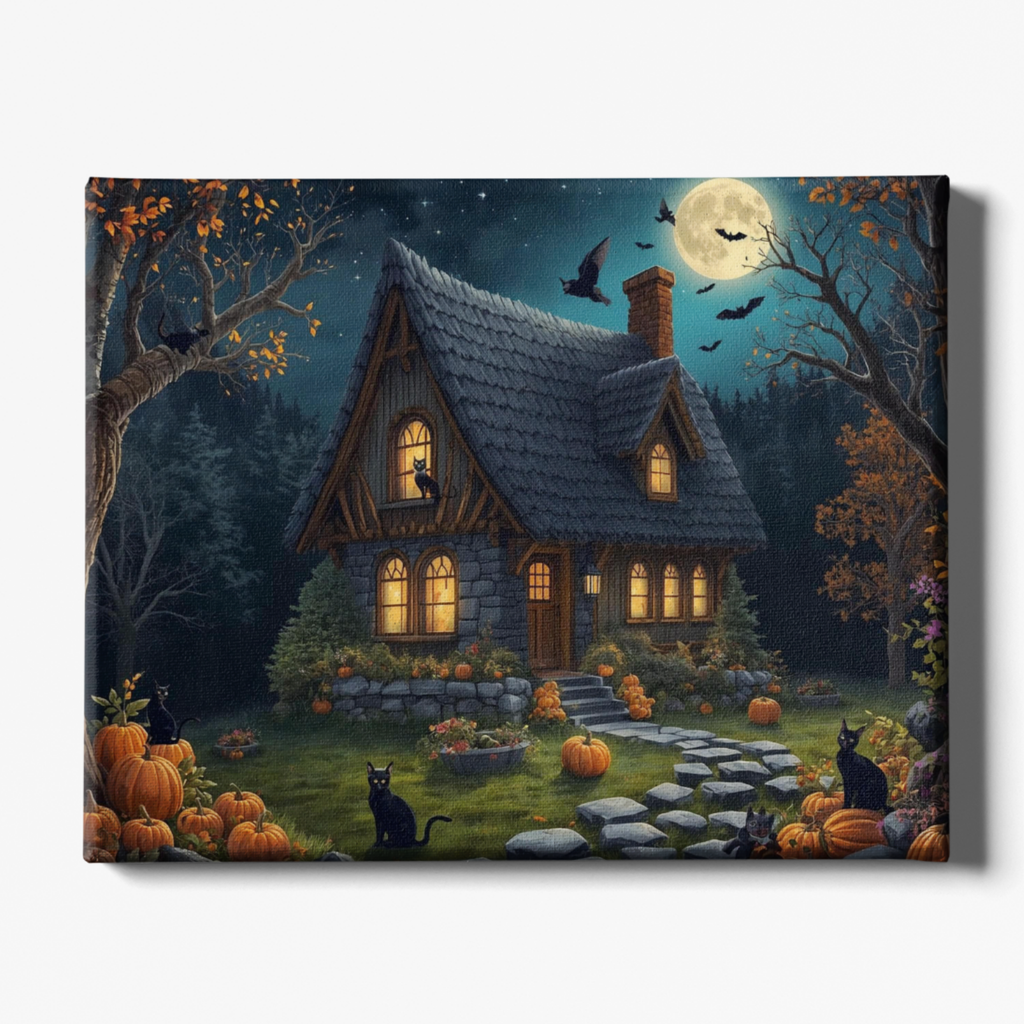Halloween-themed painting of a house with pumpkins and cats under a full moon.