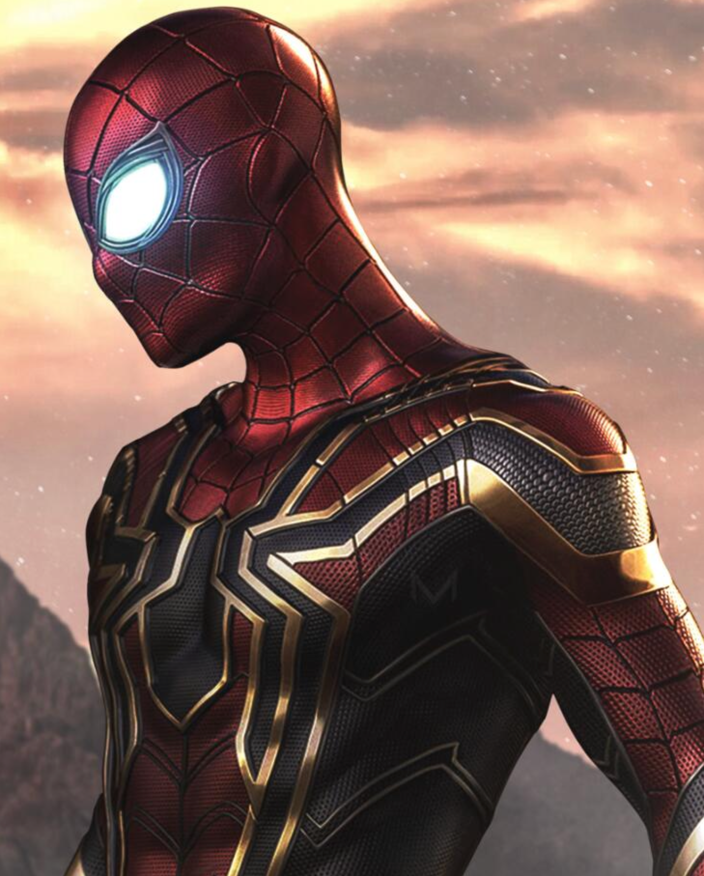 Superhero in a red and gold suit with a mountainous background