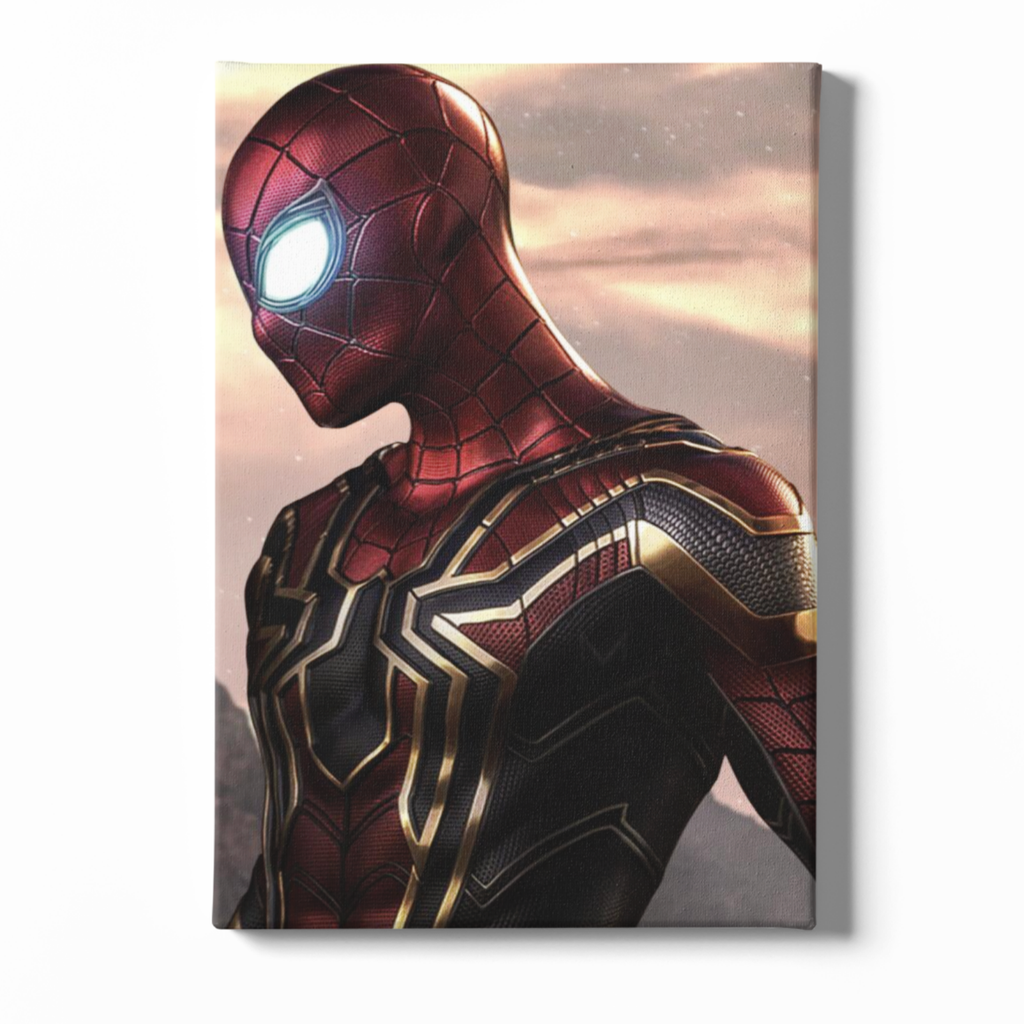Canvas print of a superhero in a red and gold suit with a star emblem against a sunset sky.