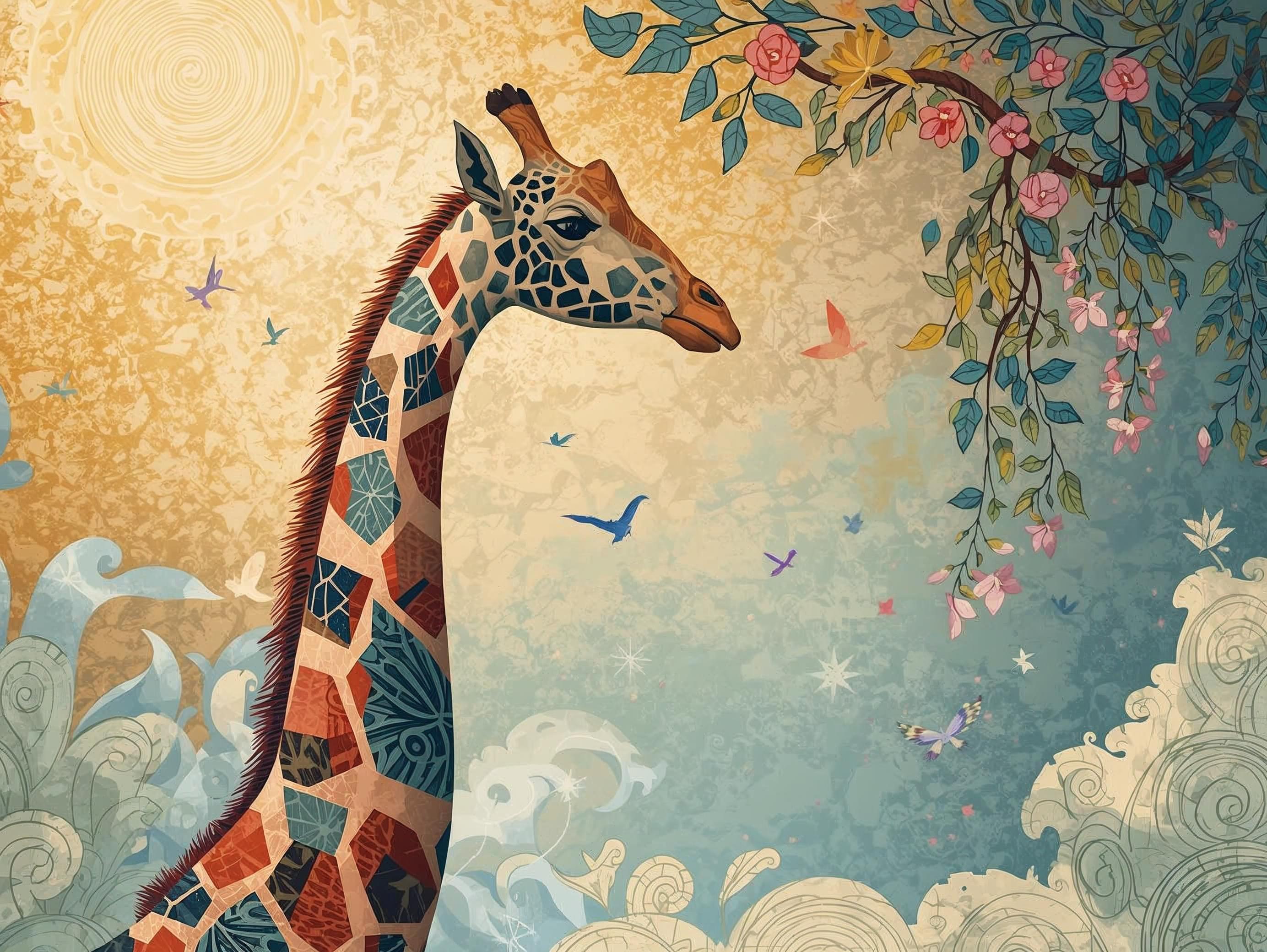Colorful illustration of a giraffe with floral elements and butterflies on a patterned background