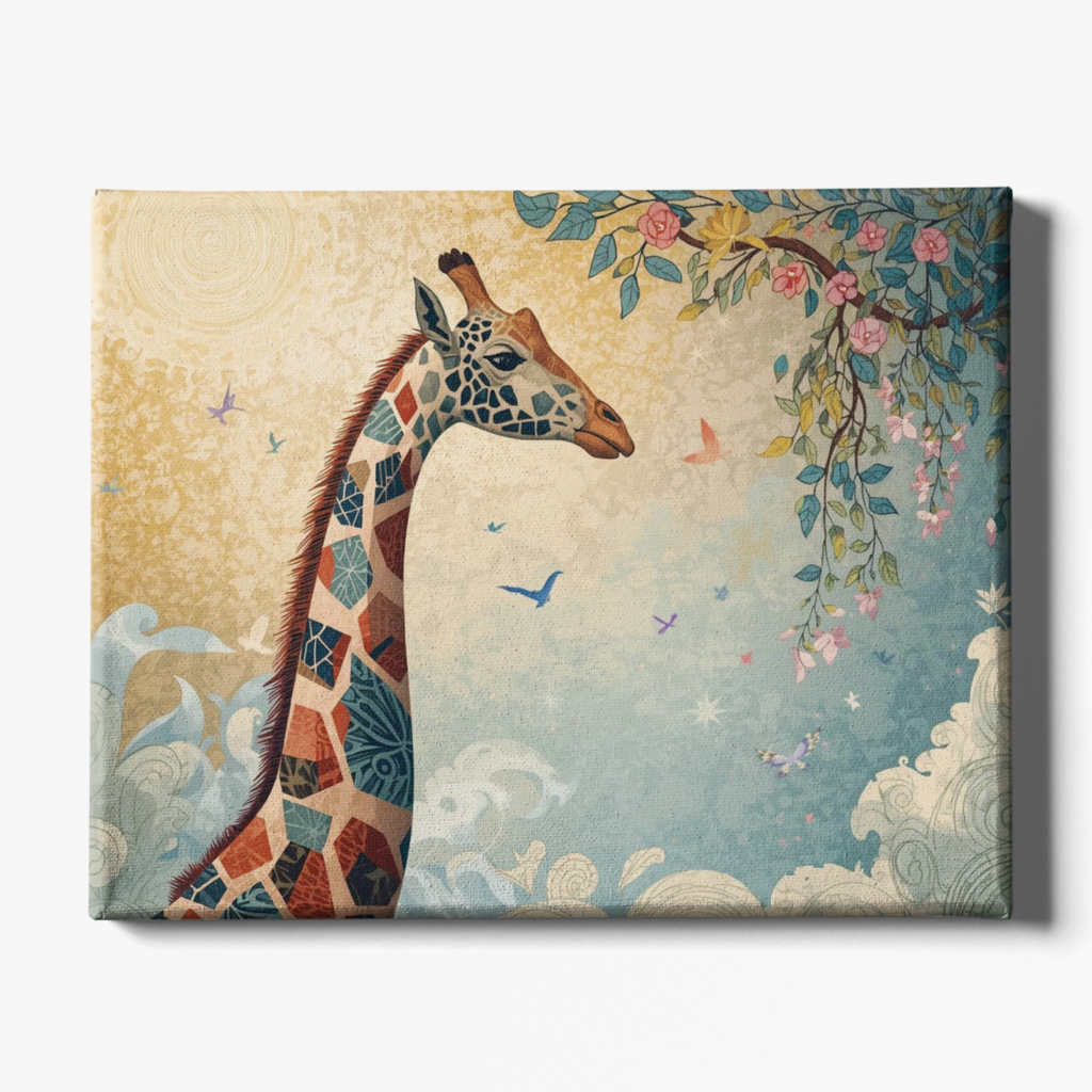 Canvas print with a colorful giraffe and floral design on a beige and blue background