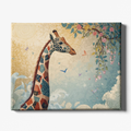 Canvas print with a colorful giraffe and floral design on a beige and blue background
