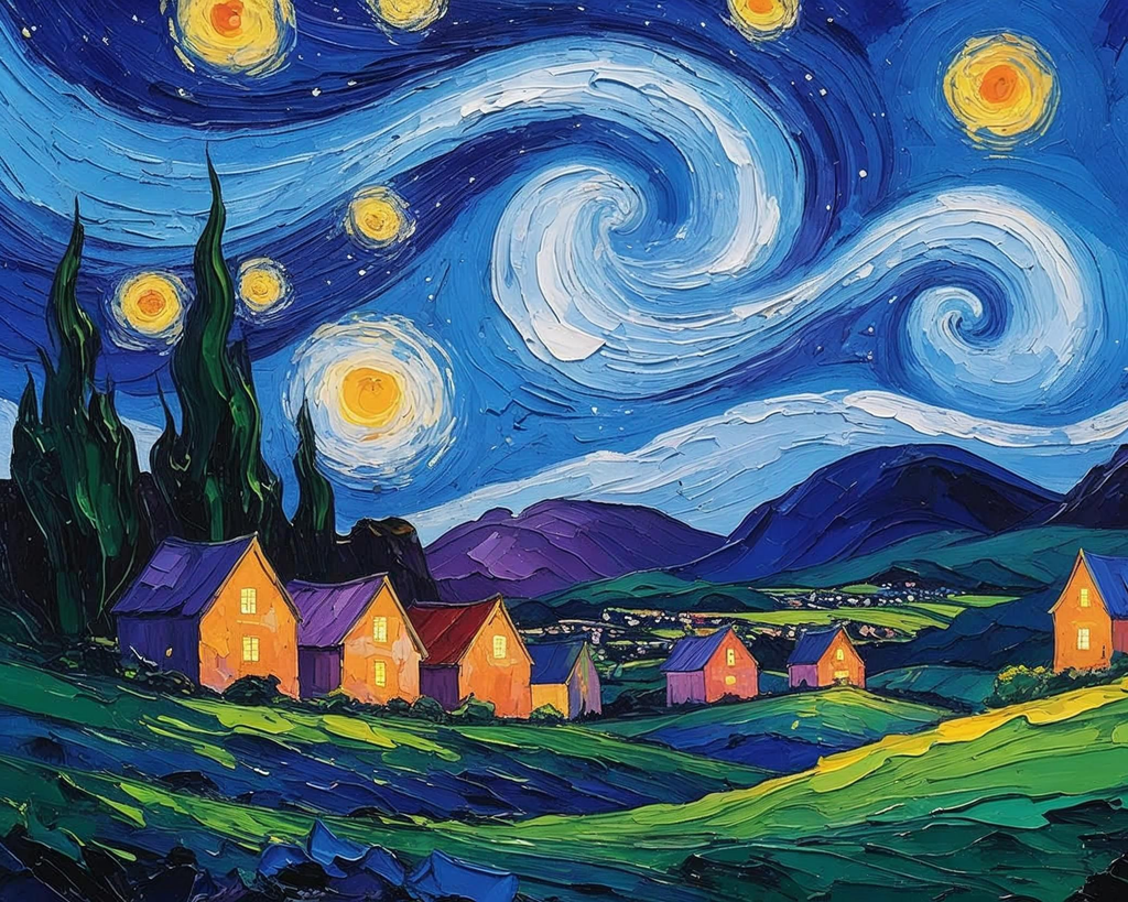 Artistic depiction of a starry night sky over a village with swirling patterns.