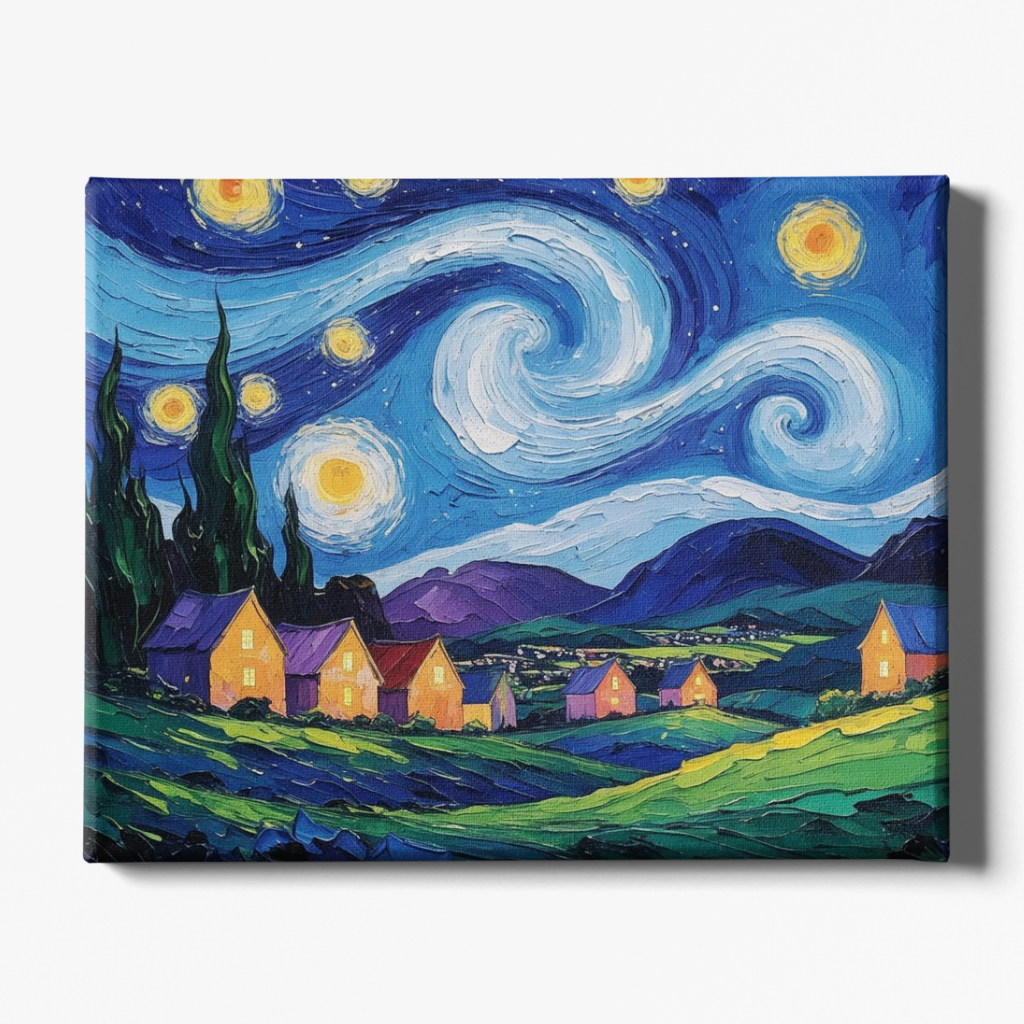 Painting of a starry night sky over a village with colorful houses.
