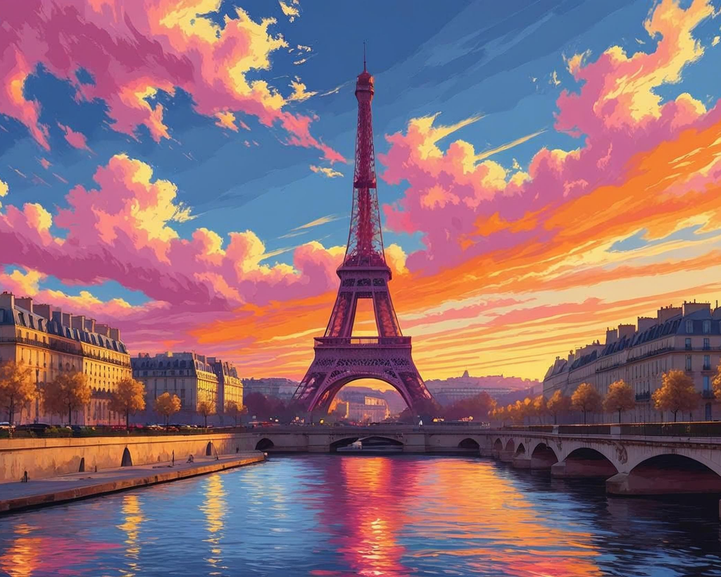 Eiffel Tower with colorful sunset sky over a cityscape