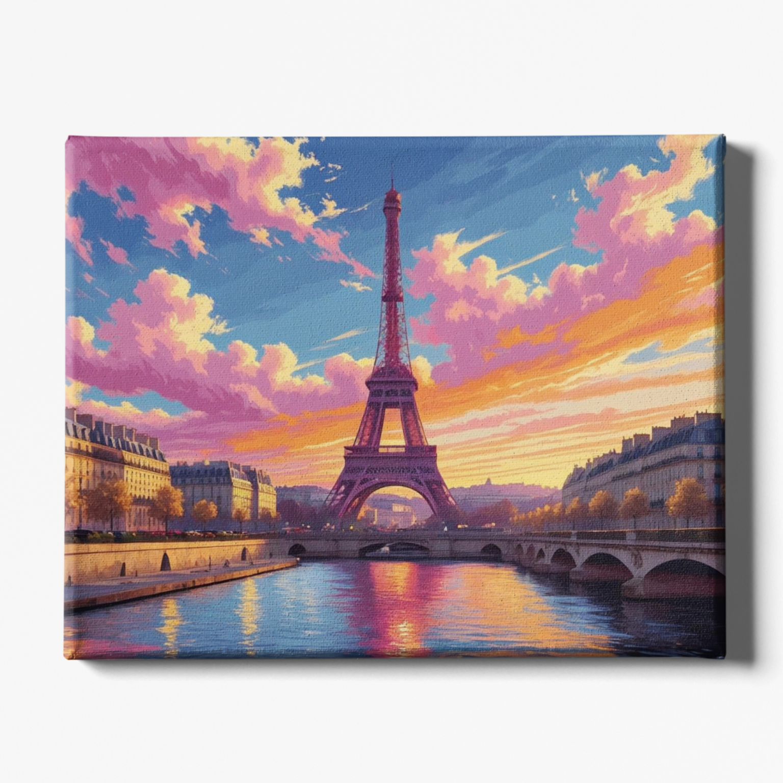 Painting of the Eiffel Tower with a colorful sunset sky.