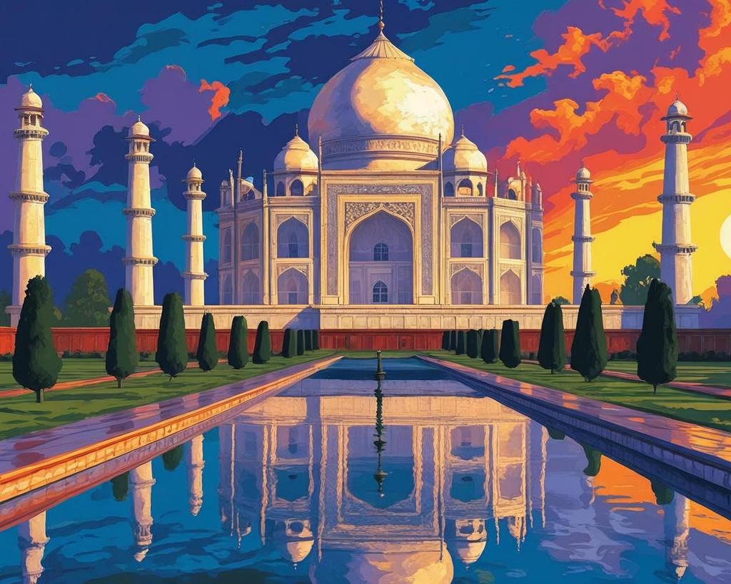 Illustration of the Taj Mahal with a colorful sky