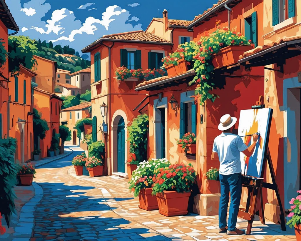 Artist painting a colorful street scene with houses and flowers.