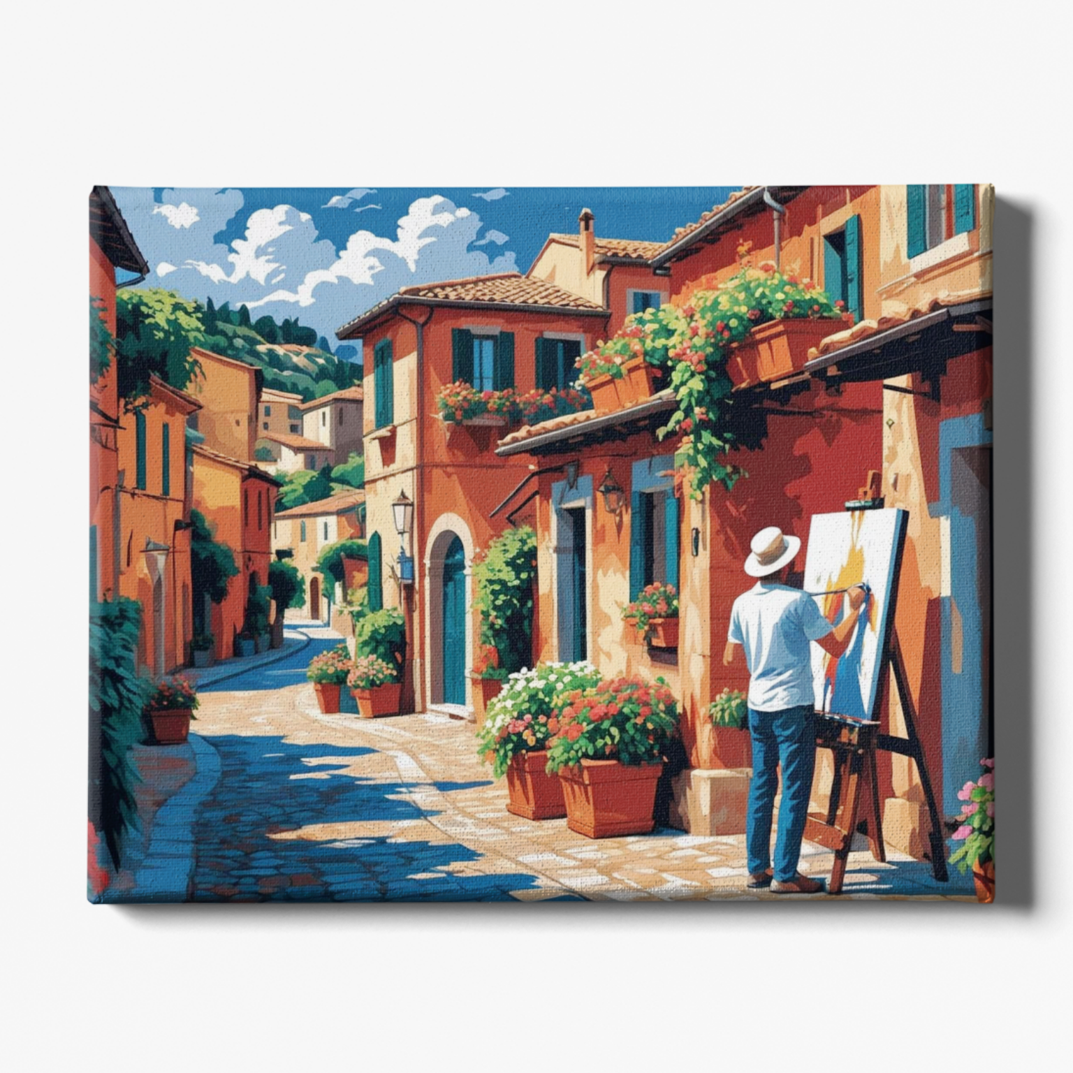 Painting of an artist painting a scenic street with buildings and plants.