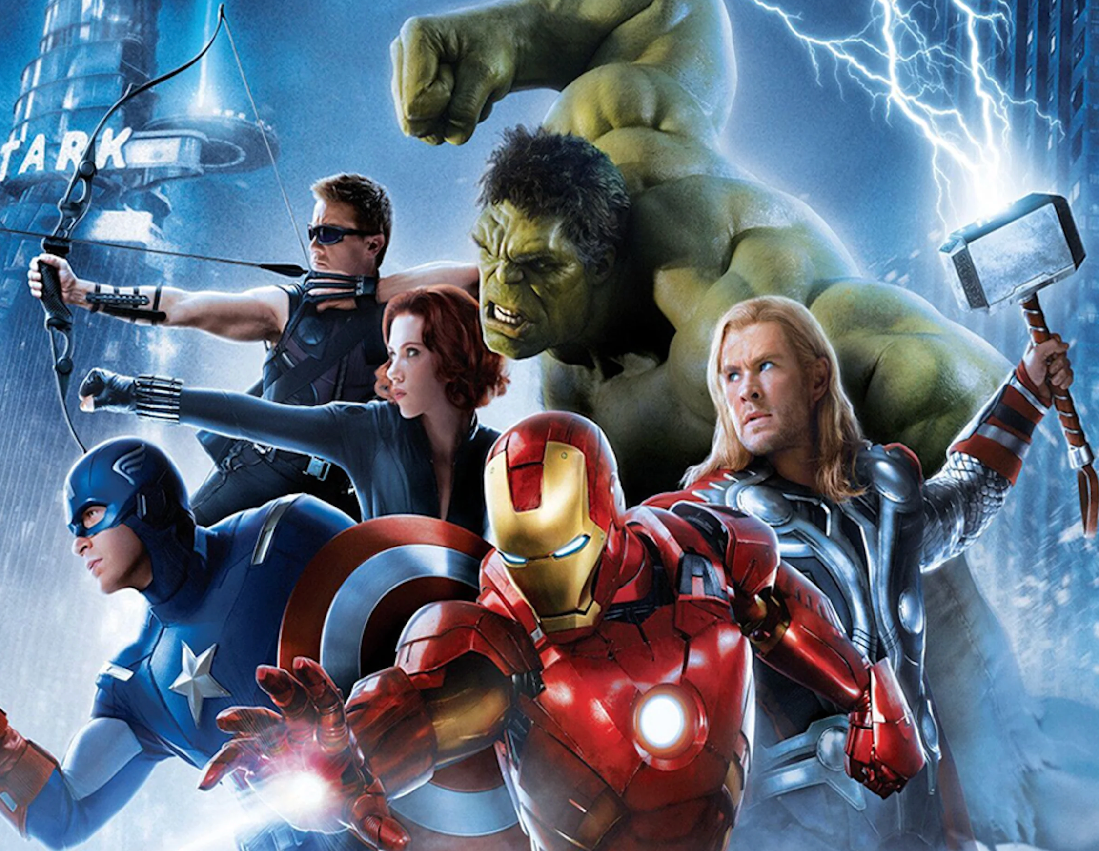 Avengers movie poster with characters in superhero poses