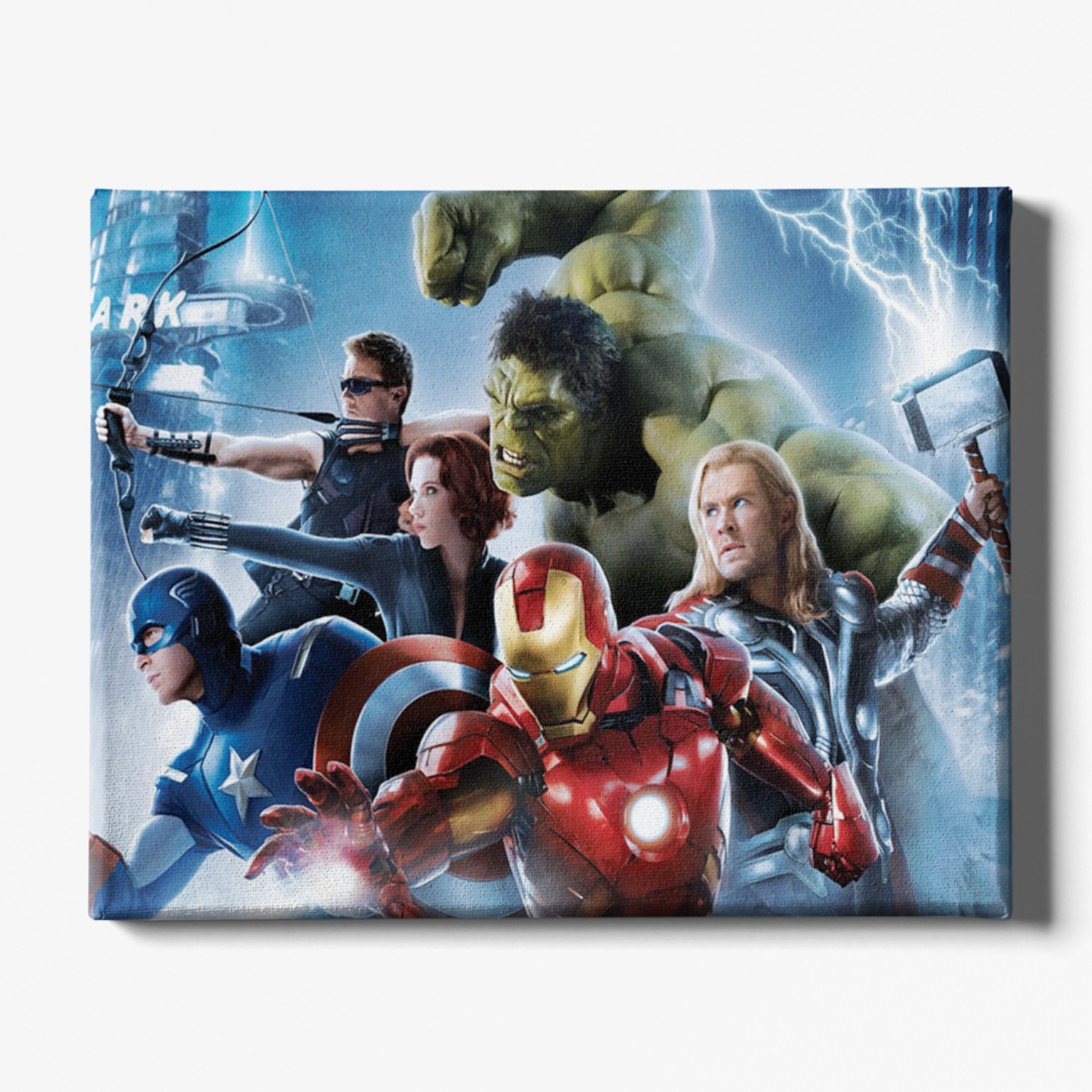 Canvas print of superhero characters with dynamic poses and action elements.