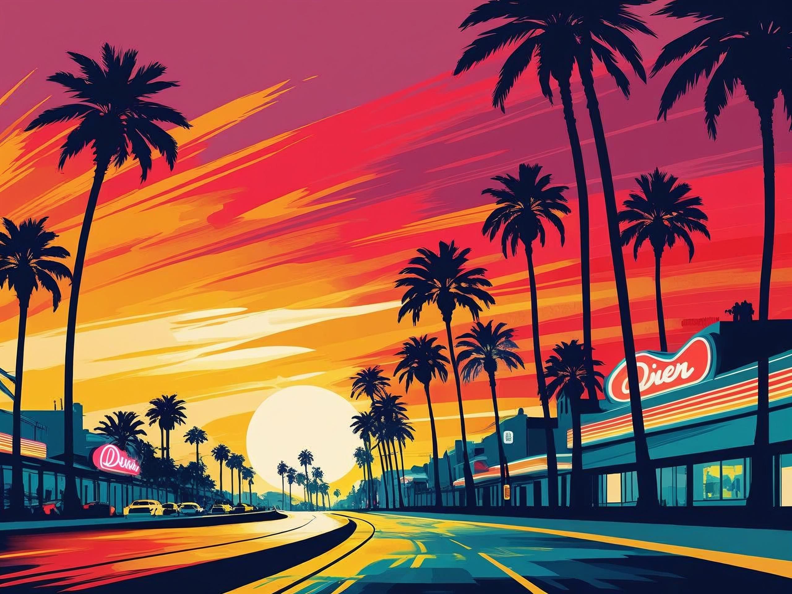 Surreal cityscape with palm trees and a colorful sunset.