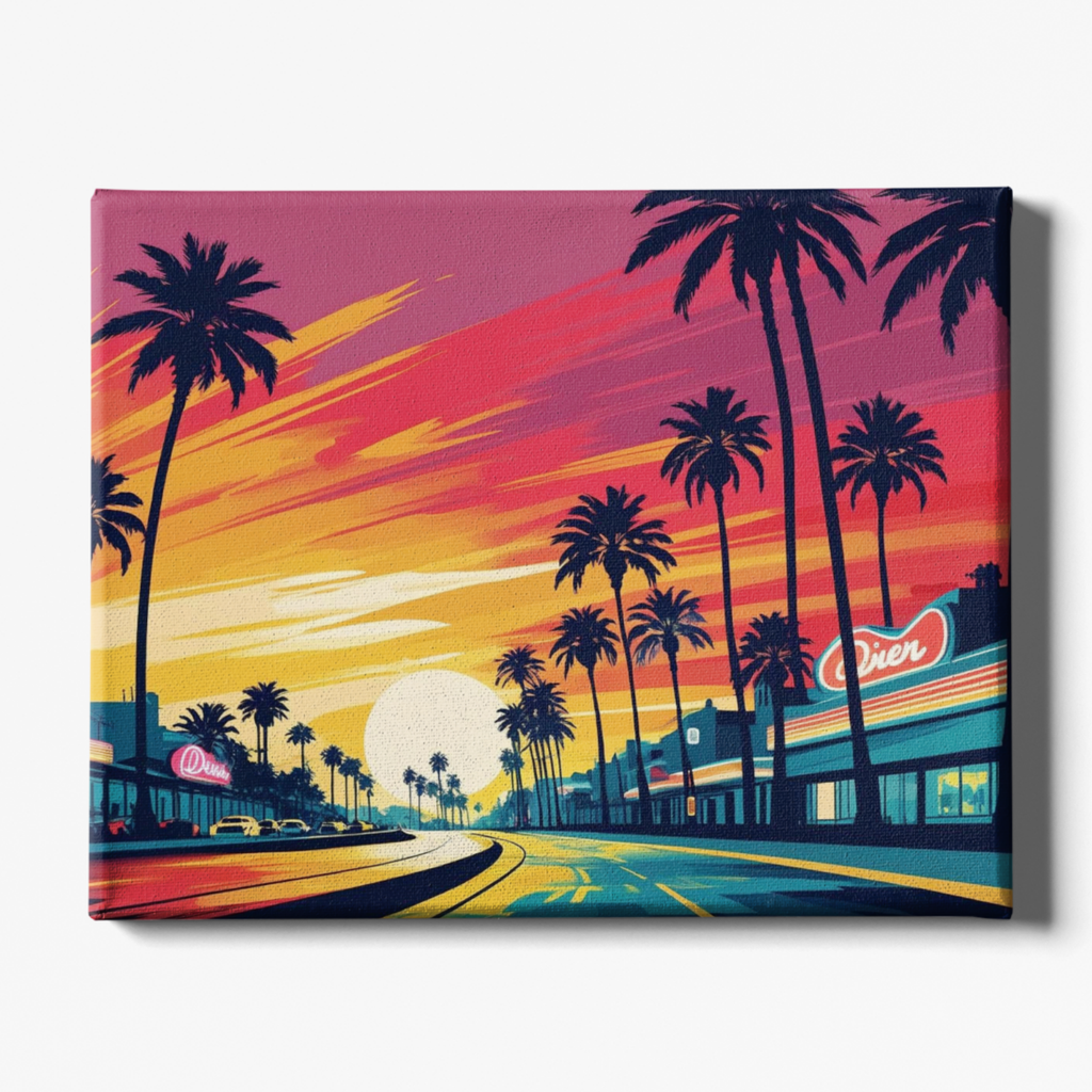 Surreal city street scene with palm trees and colorful sunset sky.