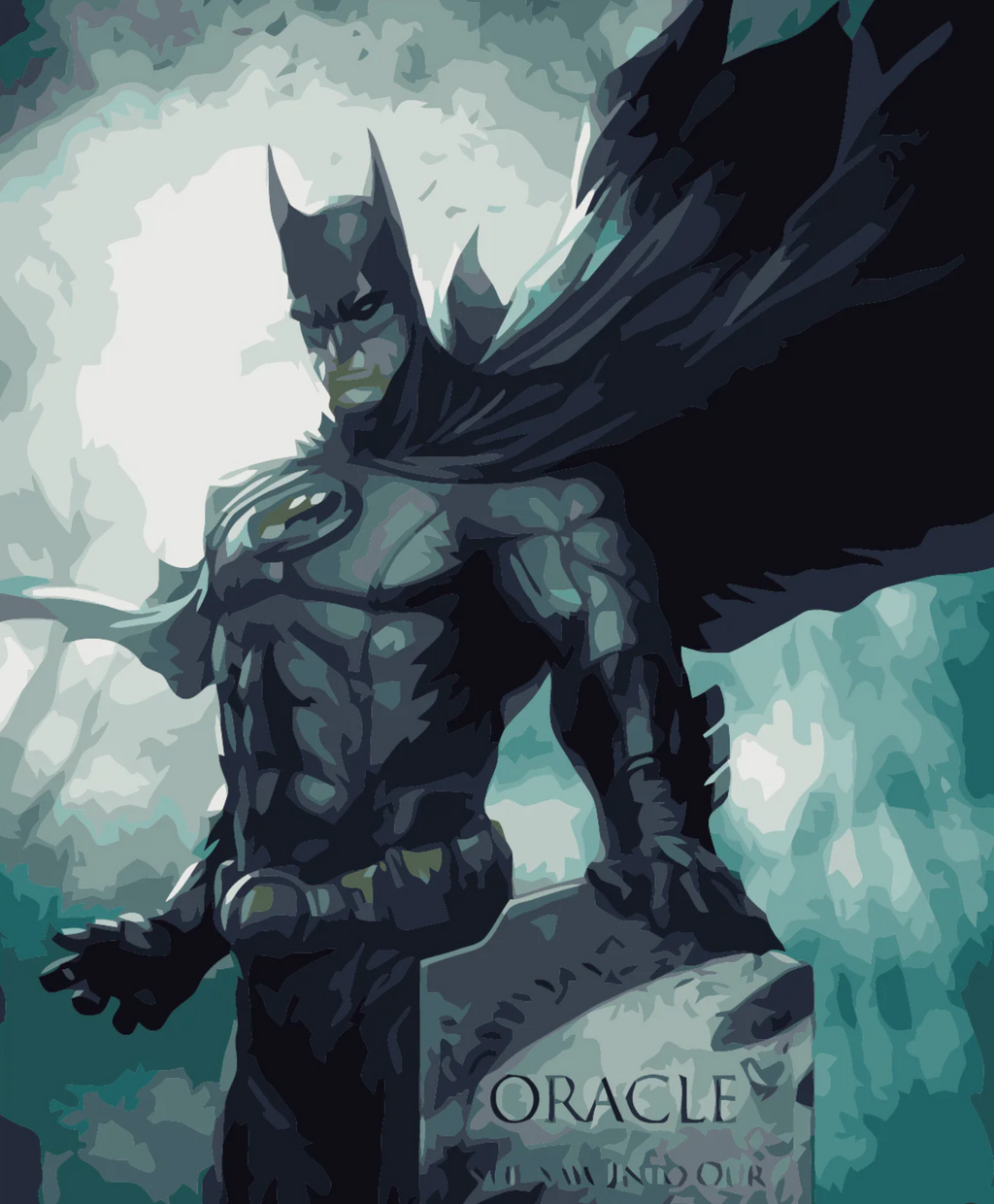 Superhero character standing on a tombstone with 'Oracle' text, against a blurred background.