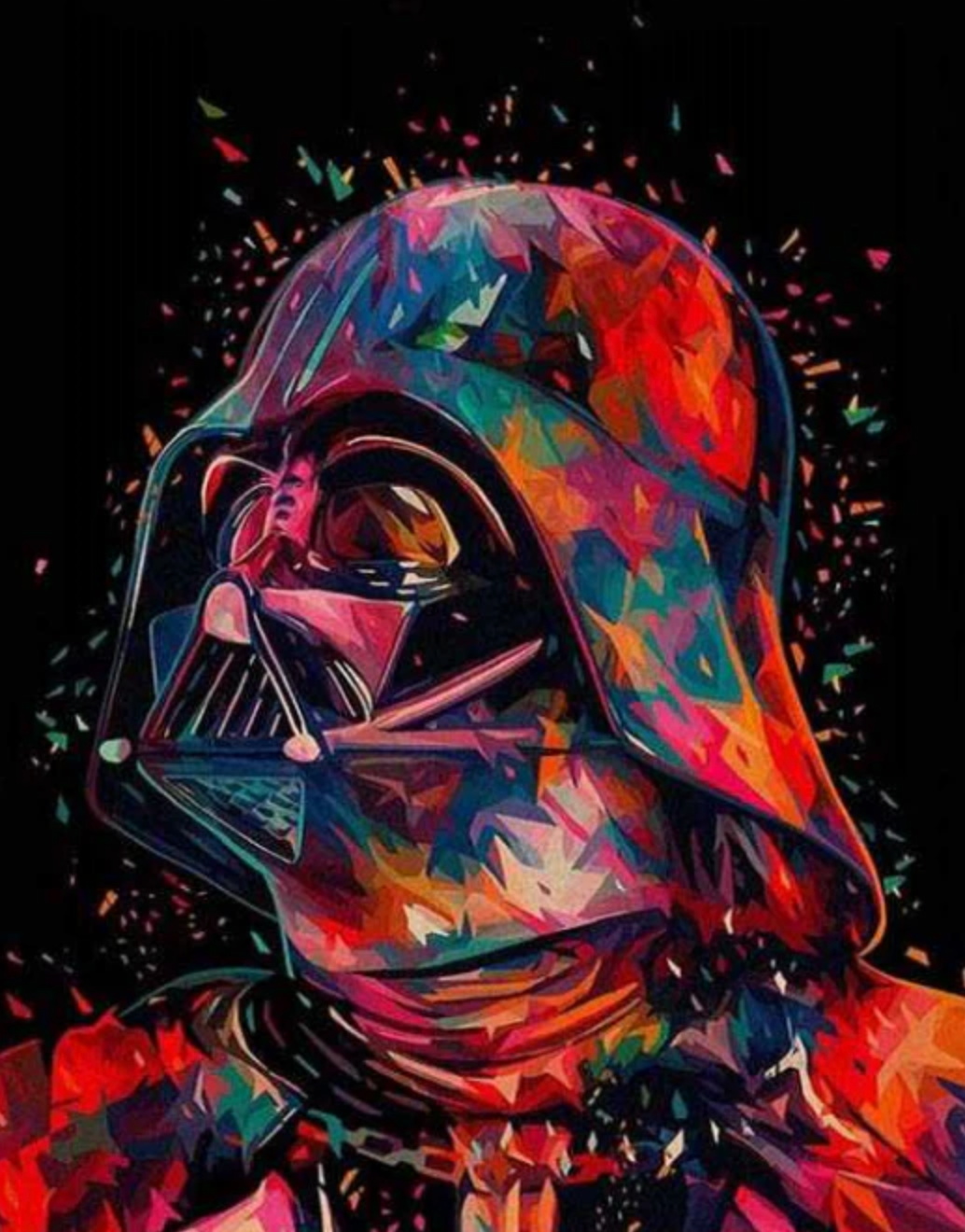 Colorful Darth Vader helmet with abstract design on a dark background