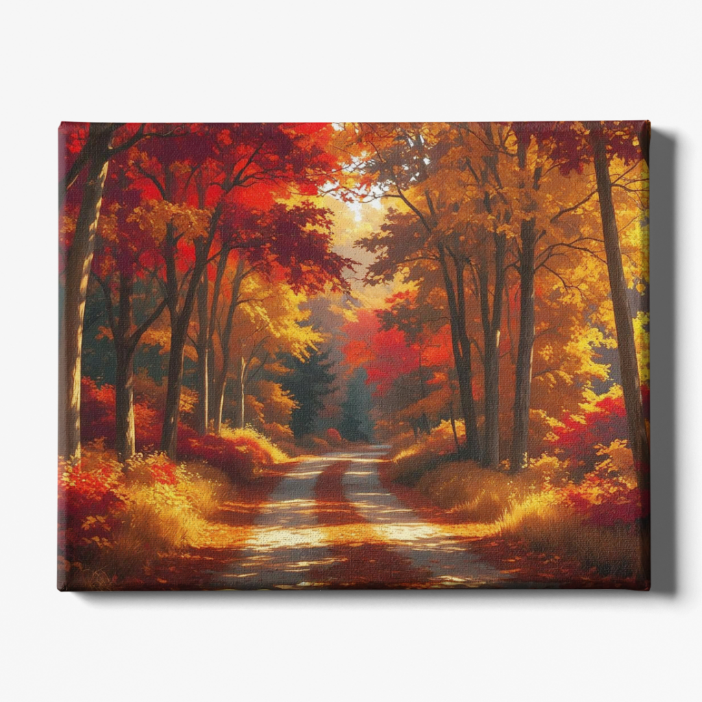 Canvas print of a vibrant autumn forest scene with colorful trees and a path.
