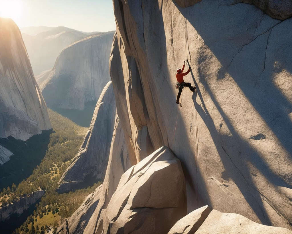 Person climbing a steep rock face with mountainous landscape in the background