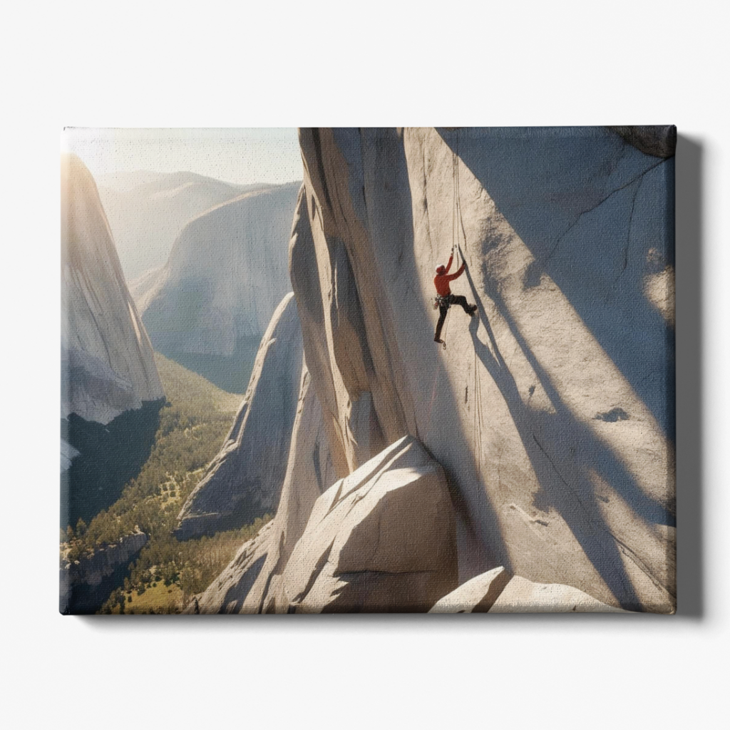 Person climbing a steep rock face with mountains in the background