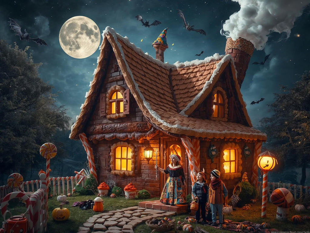 Fantasy house with glowing windows at night, surrounded by pumpkins and bats under a full moon.