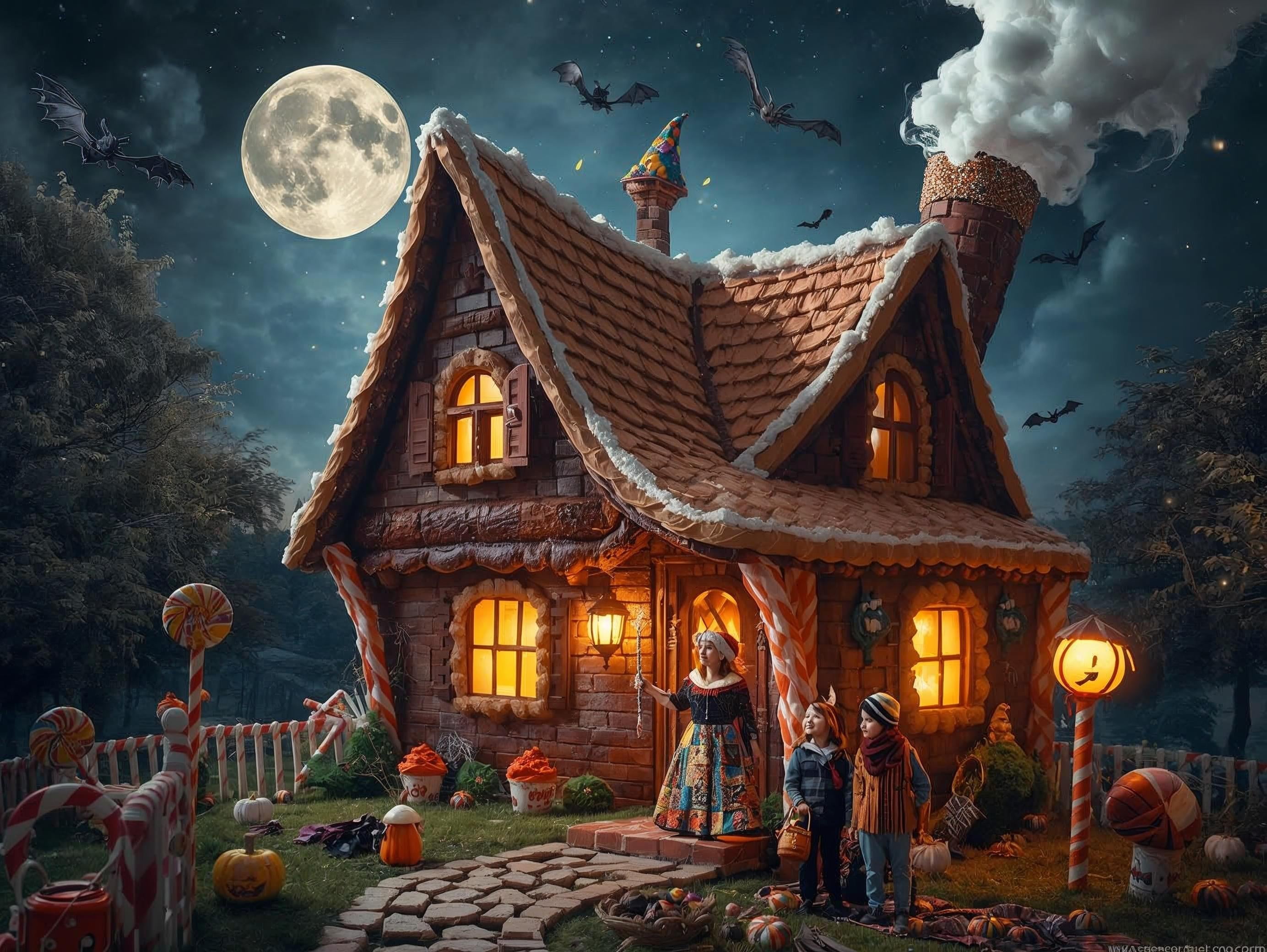 Fantasy house with glowing windows at night, surrounded by pumpkins and bats under a full moon.
