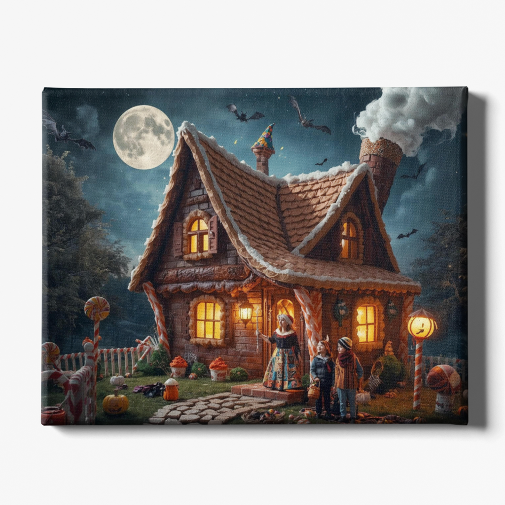 Halloween-themed painting of a cozy house with pumpkins and a full moon.