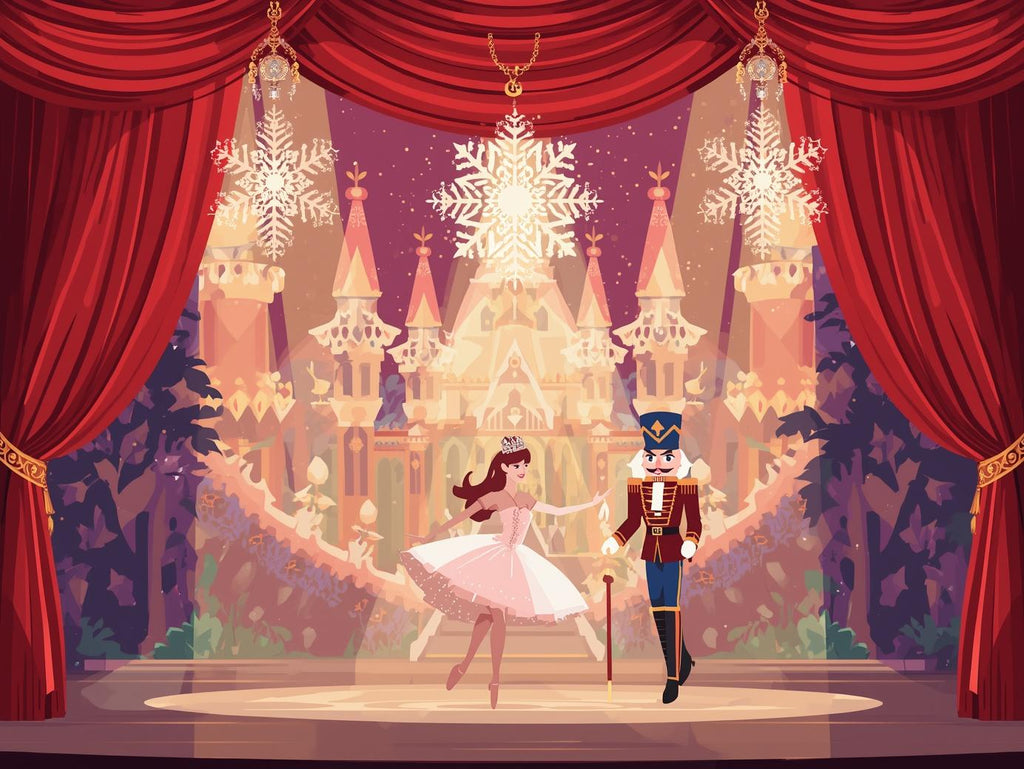 Illustration of a Nutcracker scene with a ballerina and nutcracker on stage, surrounded by red curtains and snowflake decorations.