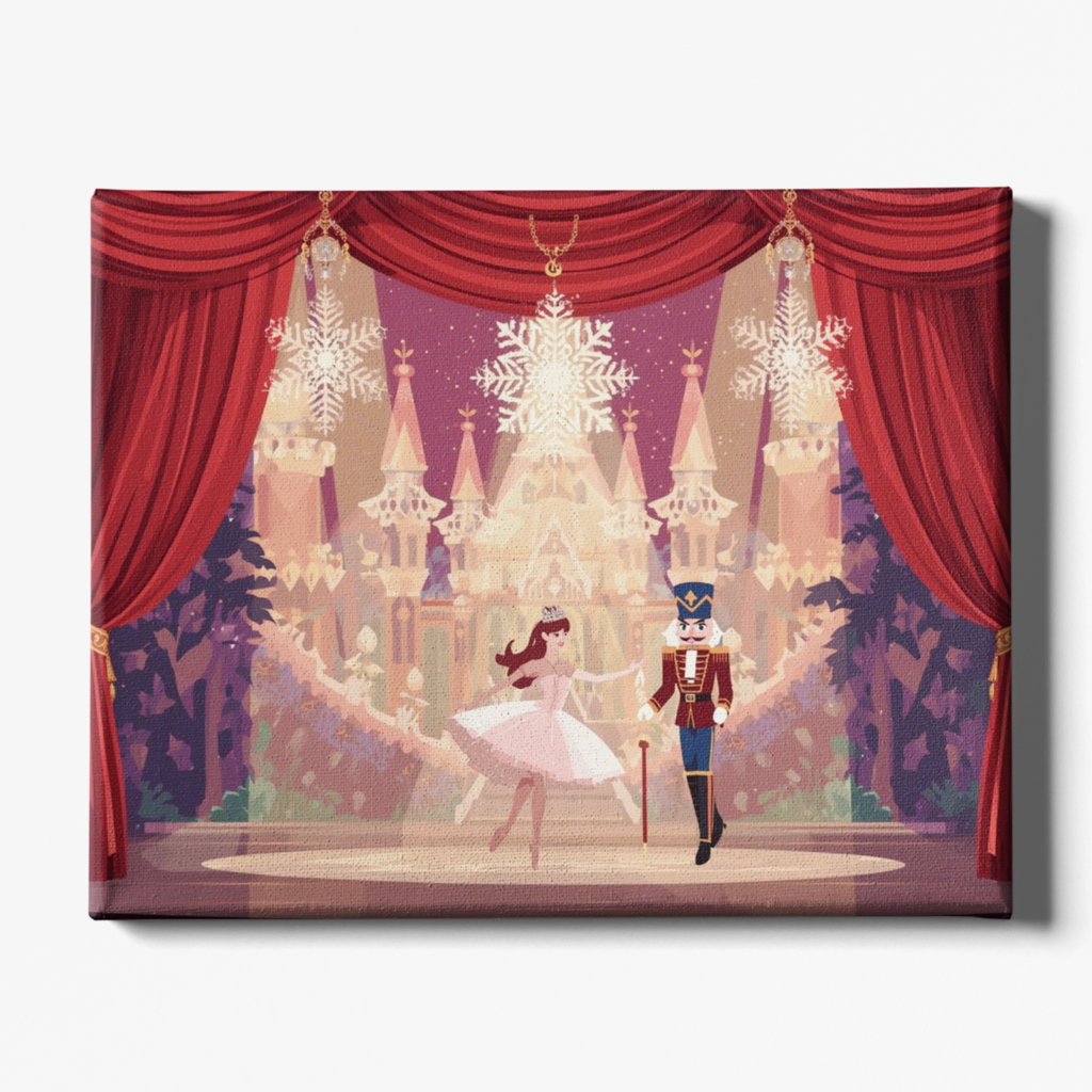 Illustration of a ballerina and nutcracker in front of a castle with snowflakes, framed by red curtains.