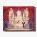 Illustration of a ballerina and nutcracker in front of a castle with snowflakes, framed by red curtains.