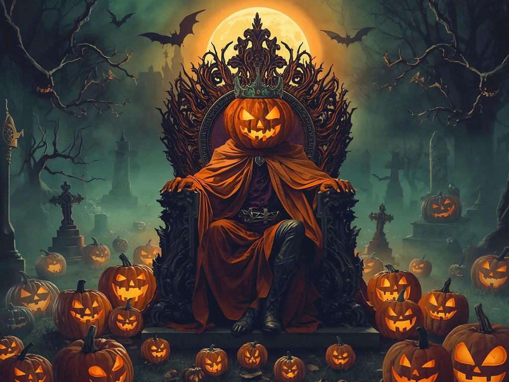 Person in a dark robe sitting on a throne with a pumpkin head, surrounded by Halloween-themed elements.