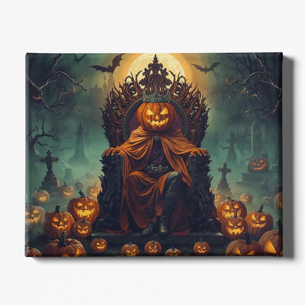 Halloween-themed artwork with a carved pumpkin on a throne, surrounded by pumpkins and bats in a graveyard setting.