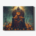 Halloween-themed artwork with a carved pumpkin on a throne, surrounded by pumpkins and bats in a graveyard setting.