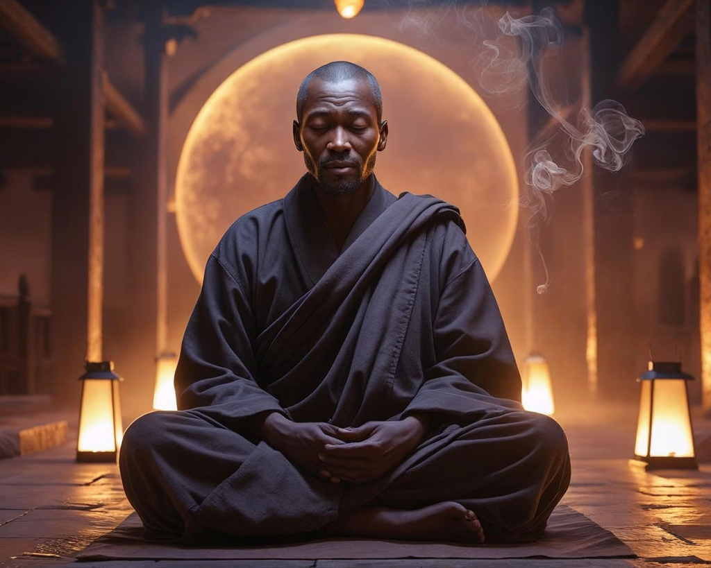 Monk in dark robes sitting in a meditative pose with warm lighting and smoke in the background.