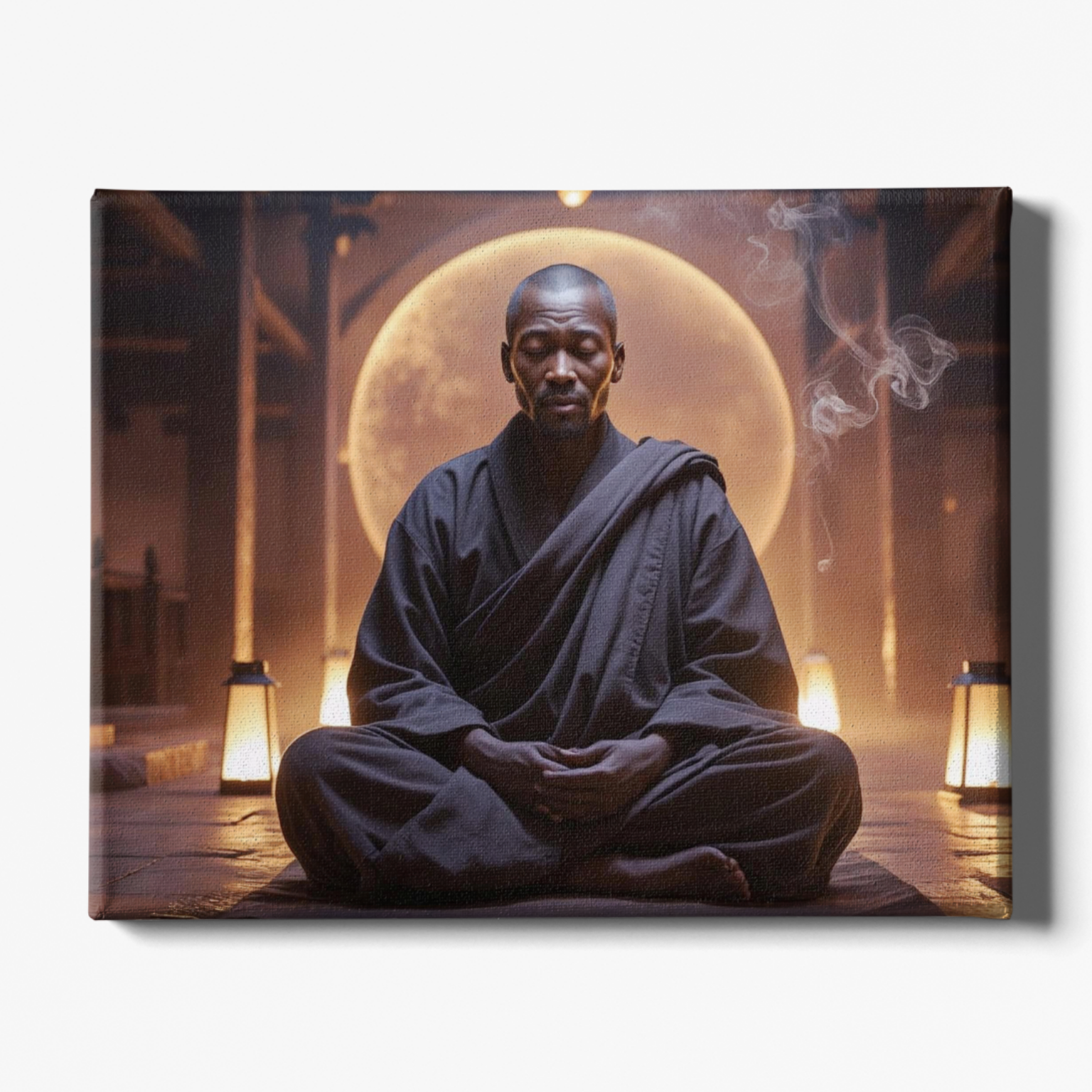 Monk in dark robes sitting in a meditative pose with a warm, glowing light in the background.